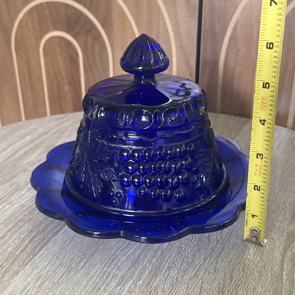 VTG Mosser Grapes Cobalt Blue Depression Glass Covered Cheese Dome Butter Dish